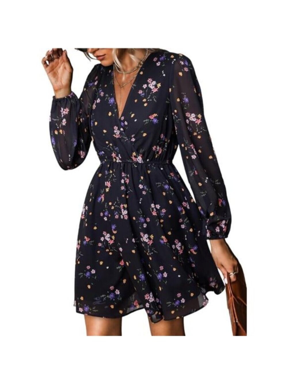 Women's Mini Dress Casual Spring V Neck Chiffon Long Peasant Sleeves